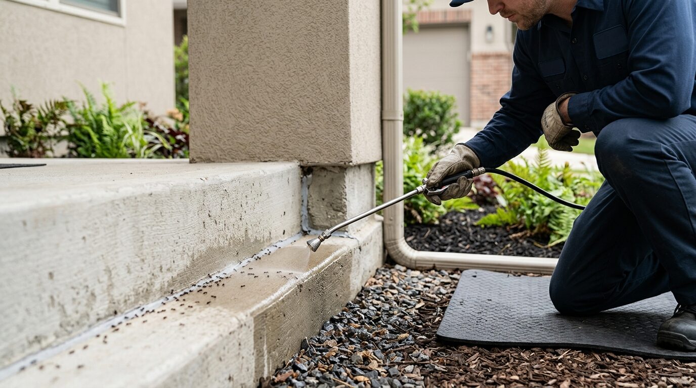 Technician treating along a home's exterior foundation