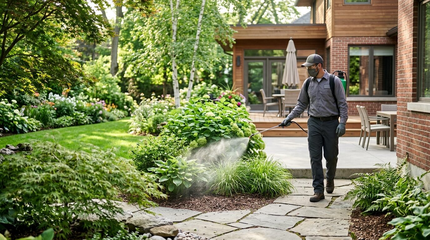 Technician applying an outdoor perimeter treatment in a backyard
