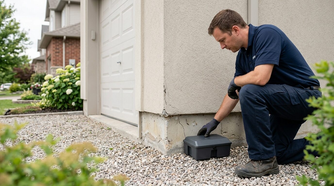 Technician placing a rodent bait station by a wall