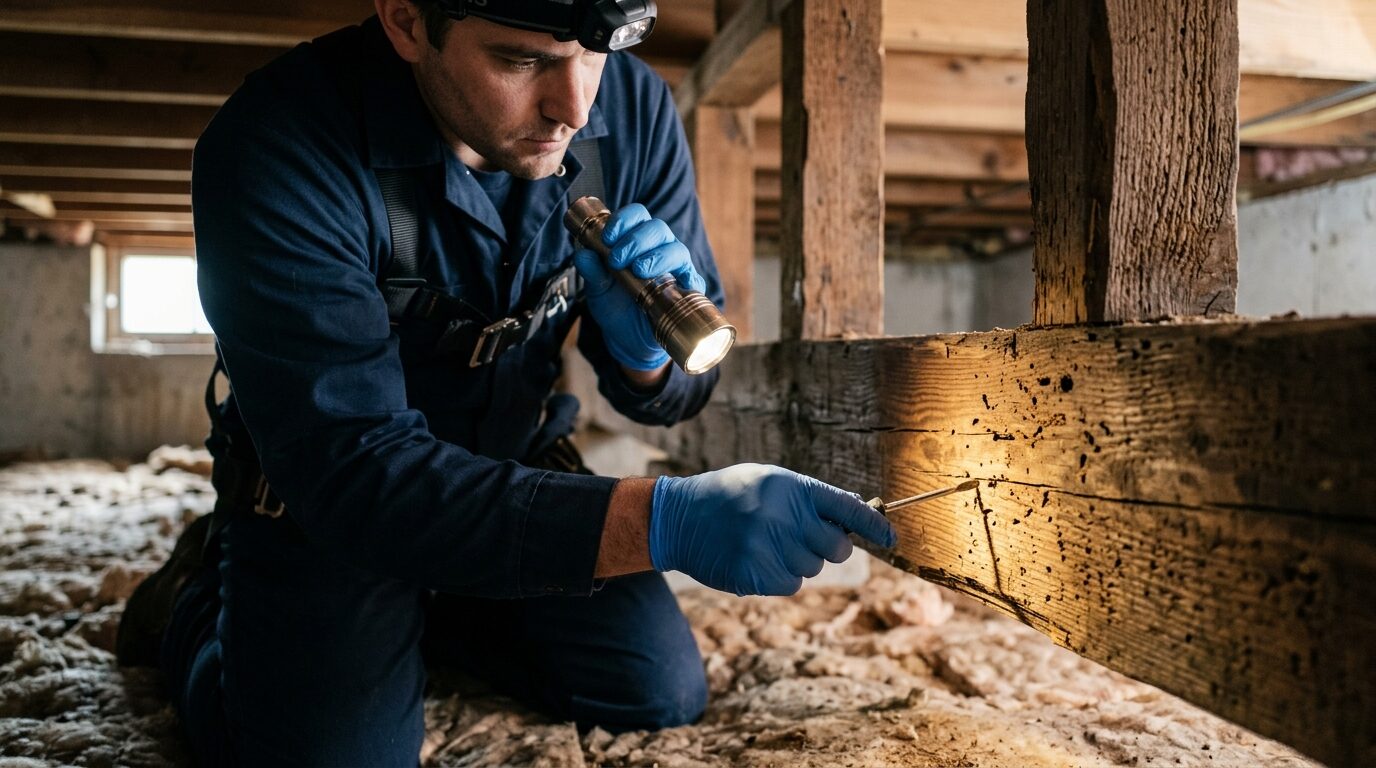 Technician inspecting wood framing for termite damage