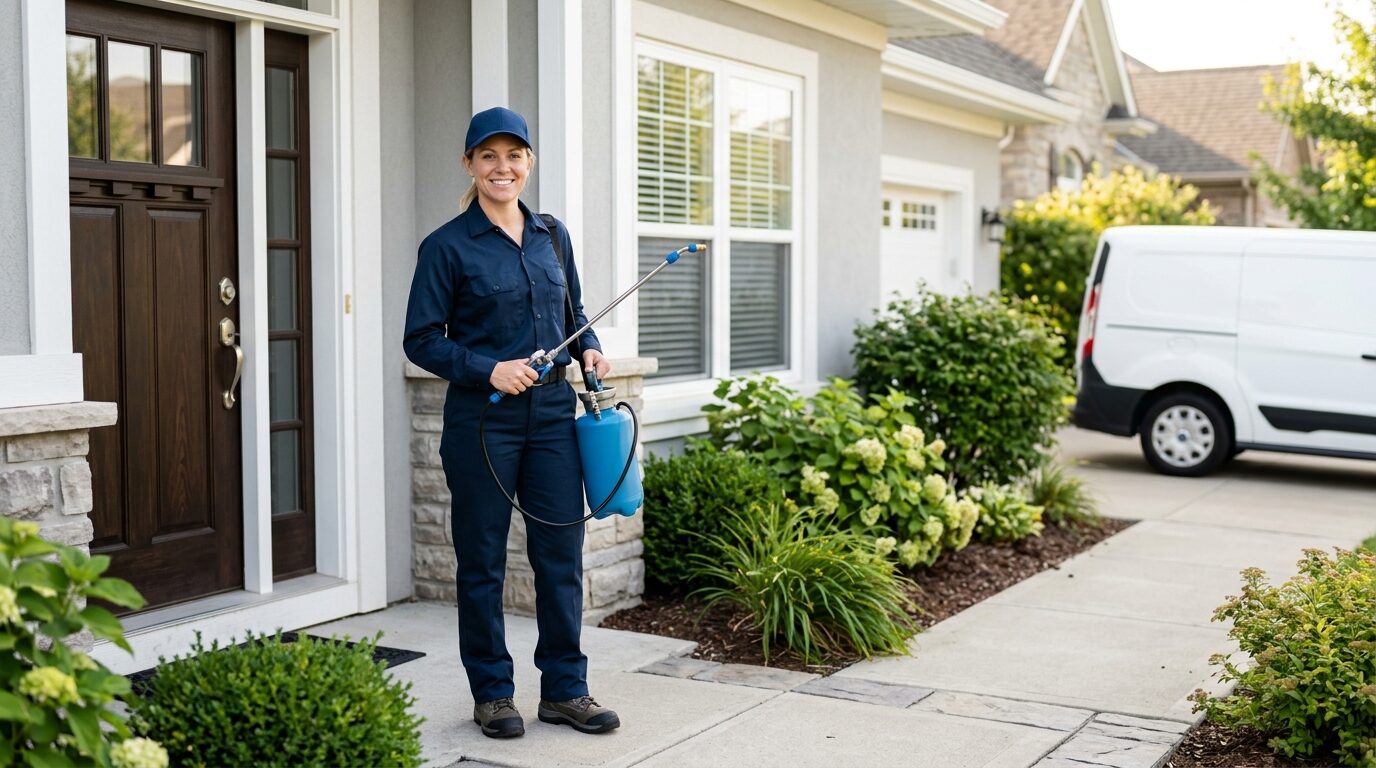 Friendly pest control technician ready to help at a suburban home